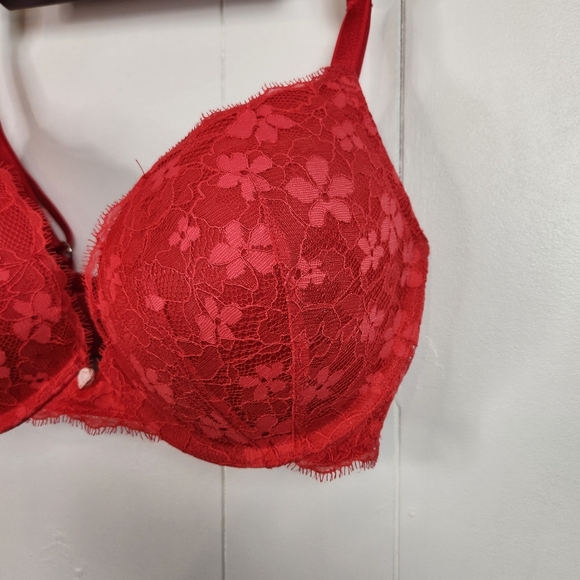 Victoria's Secret Red Lace Padded Push-Up Underwire Plunge Bra Size 32DDD Sexy - Picture 2 of 6